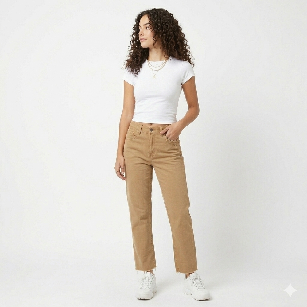Kenzie Jeans Vintage Luxe The Slim Cropped Tan Denim Distressed Pants Sz 8 / 29